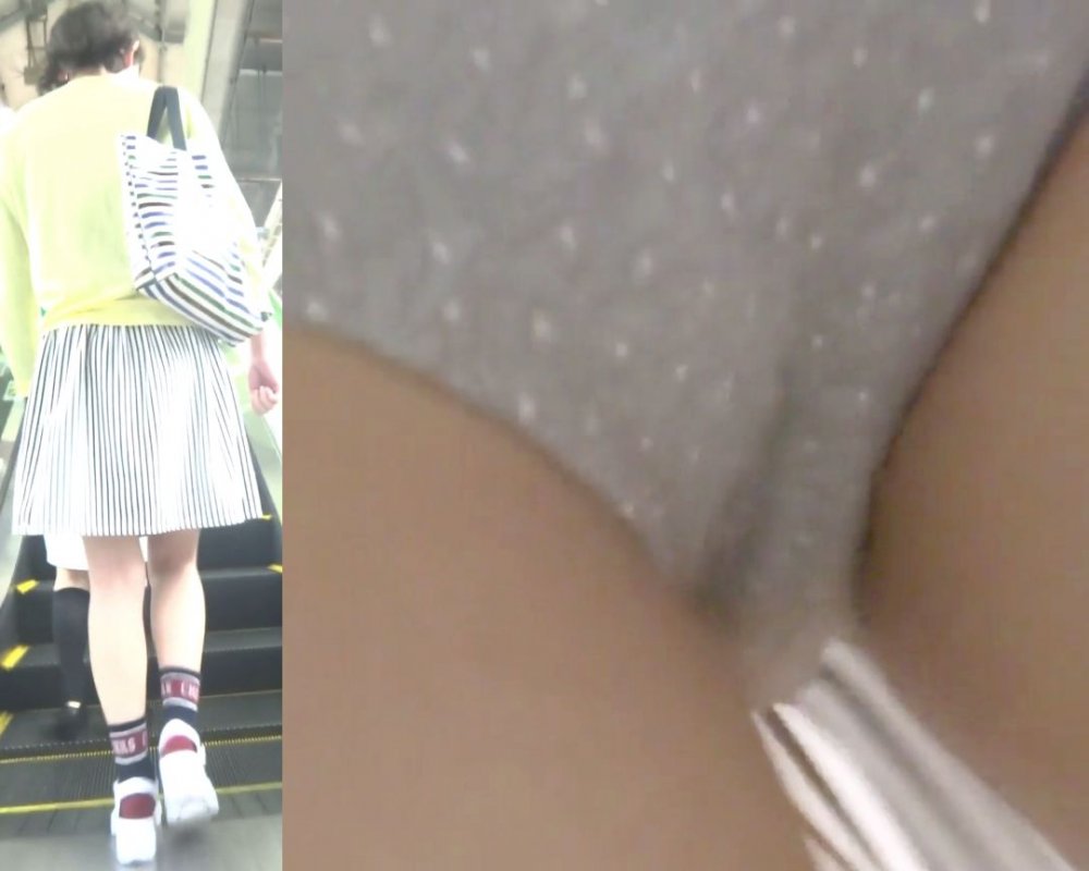 パンチラ盗撮 女子大生 グレーの水玉パンツを激写 [アダルト]