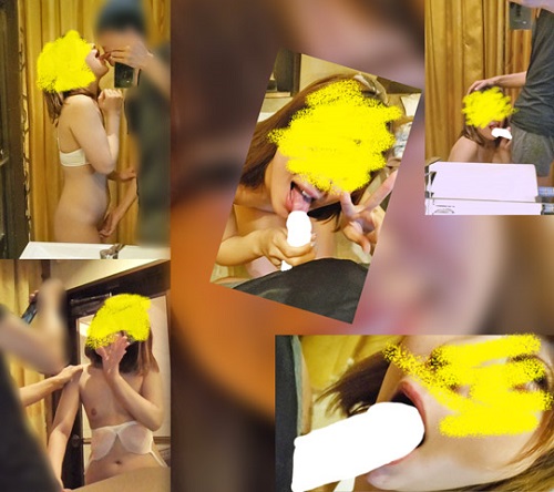 鏡の前で笑顔でフェラする義妹