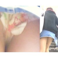 パンチラ 女子大生 ハデな柄パンツがデニムのミニスカから丸見え ナプキン付き